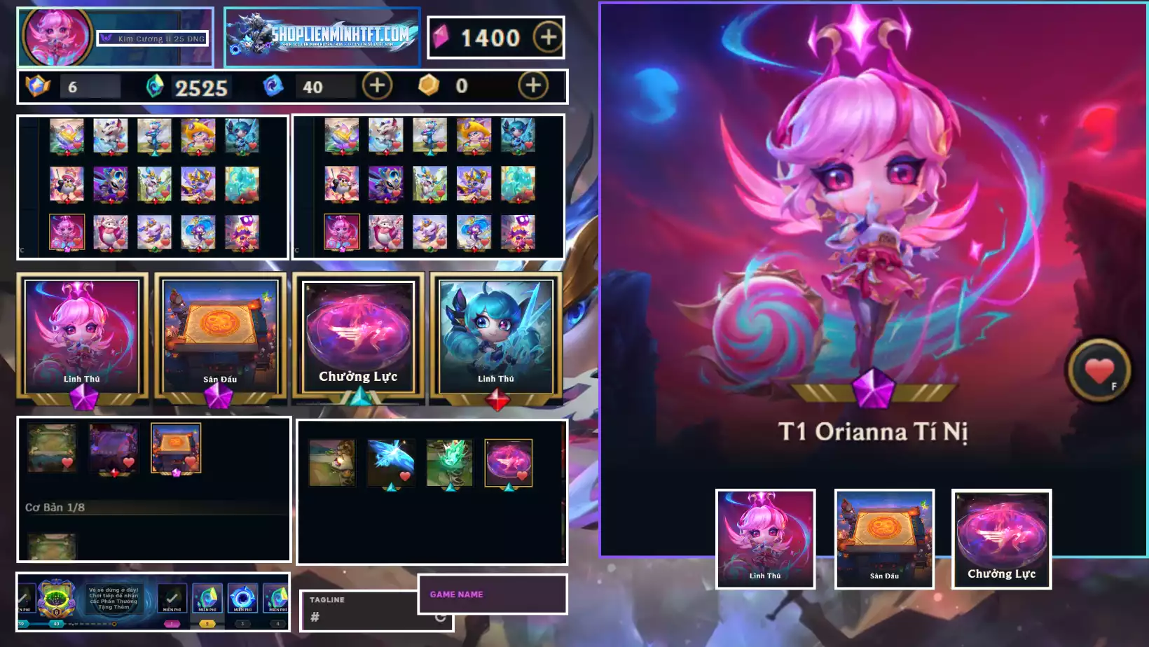 T1 Orianna Tí Nị Kèm Chưởng - Dư 6 Huy Chương - 2 Tím - 1 Pet Tím - 1 Sàn  Tím - Dư 2525 Pha Lê - 1 Tí Nị Thường - 1 Sàn Đỏ - Chưởng Lực Như Ảnh - Còn Đổi Tên - Rank TFT KC 2